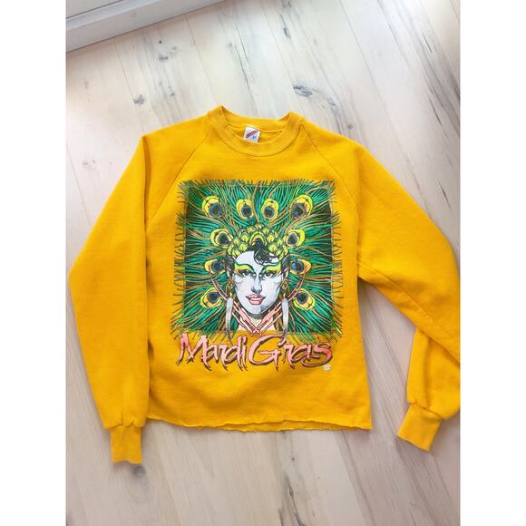 Vintage 80s Sweatshirt Mardi Gras Large Graphic Bright Size L Jerzees tag Fun - Picture 1 of 6